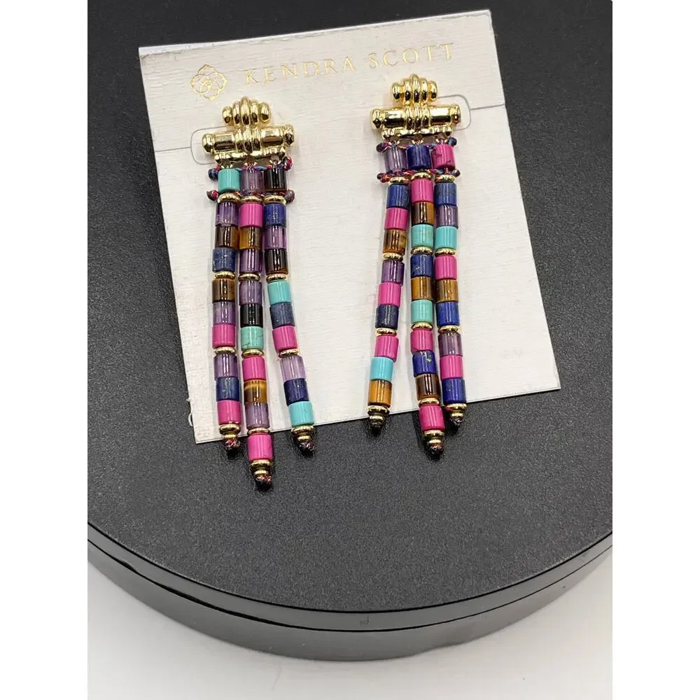 Kendra Scott‎ Bree Gold Teal Purple Orchid Stone Bead statement Earrings